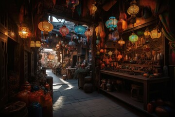Magical marketplace, filled with exotic goods and mystical creatures from all corners of the realm. Generative AI
