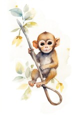 Watercolor cute monkey with big eyes sitting on a tree. Vector Illustration of animal. Nursery Art. Wall art. Isolated on white background. Generative AI