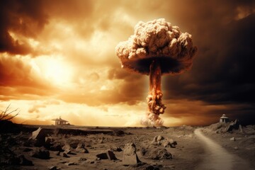 Nuclear bomb explosion with huge mushroom cloud. Nuclear war. Generative AI