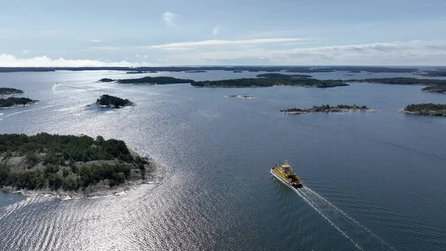 Aerial view of vehicle ferry from Kasnäs to Rosala Island in the archipelago of south-west Finland in spring