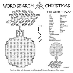 Word Search Crossword Puzzle. Christmas Tree branch and toy. Find the listed words in the puzzle and cross them out. Printable educational activity page. Worksheet. Game 