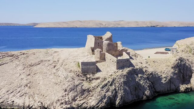 Aerial view of Fortica fortress on Pag island, Croatia