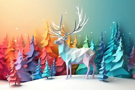 Majestic elk standing in a snowy meadow in Christmas tree. Colorful paper art. Generative AI