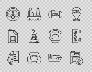 Set line Gas tank for vehicle, Canister motor oil, Oil storage, Spare wheel in the car, Motor gas gauge, rig, tanker ship and filling station icon. Vector