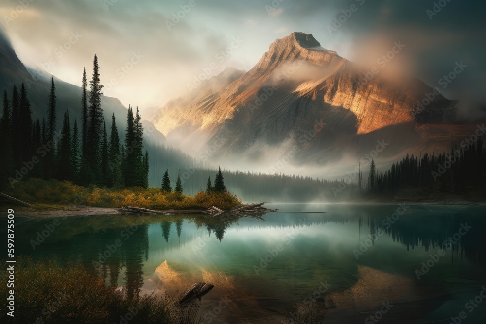 Sticker Majestic mountains looming over a tranquil lake, with mist rising from the water and the sky painted in a dramatic blend of warm and cool colors. Generative AI