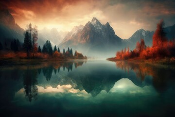 Majestic mountains looming over a tranquil lake, with mist rising from the water and the sky painted in a dramatic blend of warm and cool colors. Generative AI