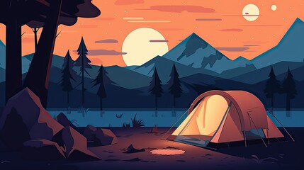 A cartoon illustration of a camping tent near a forest lake at sunset outdoor exploration travel
