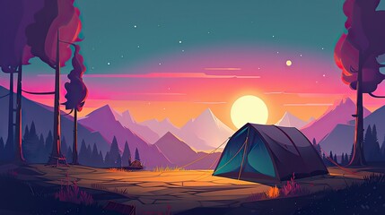 A cartoon illustration of a camping tent near a forest lake at sunset outdoor exploration travel - obrazy, fototapety, plakaty