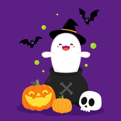 Happy halloween party greeting card with cute ghost. Holidays cartoon character. Trick or treat. Halloween funny cartoon.