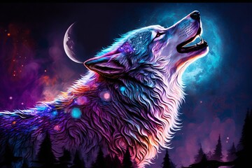 a painting of a wolf spirit animal with a full moon in the background