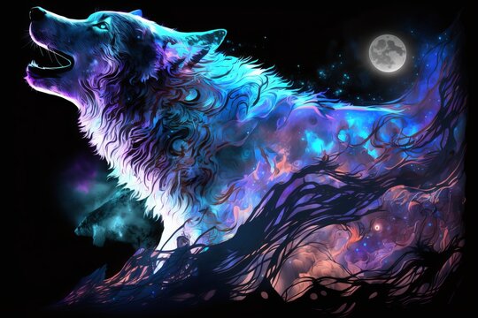 a painting of a wolf spirit animal with a full moon in the background