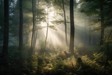 Misty forest at dawn, featuring a hazy fog enveloping the trees and a shaft of sunlight filtering through the canopy. Generative AI