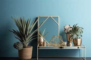 Frame console with a mirror in a gold frame with golden pots with plants against blue wall, created with Generative AI