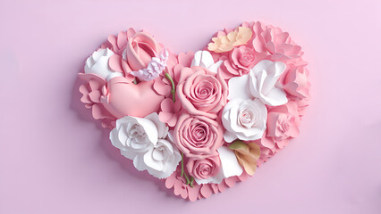 Mother's Day, Mom's Day or Women's Day or Valentines day heart shaped flowers composition with copy space on pastel background. 3d style.  (Generative AI)