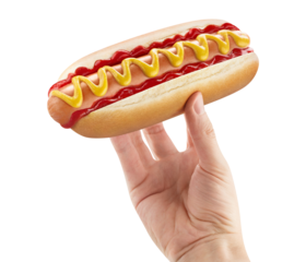 Delicious hot dog in male hand, cut out