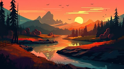 A river with a sunset and mountains in the background outdoor explore travel illustration