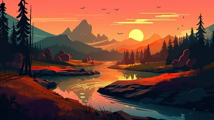 Tuinposter A river with a sunset and mountains in the background outdoor explore travel illustration © Yan