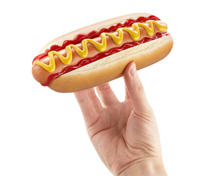 Delicious hot dog in male hand, cut out