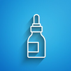 White line Beard and mustaches care oil bottle icon isolated on blue background. Glass bottle with pipette. Long shadow. Vector