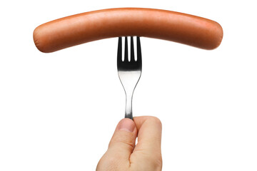 Delicious sausage on a fork, cut out