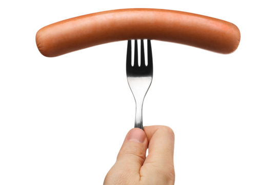 Delicious sausage on a fork, cut out