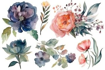 Watercolor floral bouquet blue, purple, orange, red, rose ranunculus with green blush leaves, for wedding invitations, greetings, wallpapers, fashion, prints. flowers. AI Generated	
