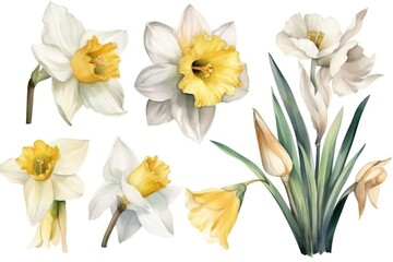 Fototapeta premium Watercolor floral bouquet of a yellow and white daffodil with green blush leaves, for wedding invitations, greetings, wallpapers, fashion, prints. flowers. AI Generated 