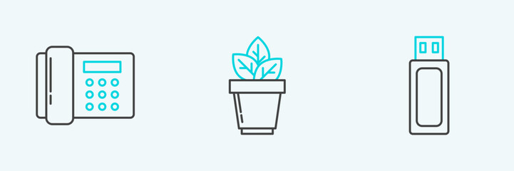 Set line USB flash drive, Telephone and Flowers in pot icon. Vector