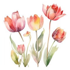 Fototapeta premium Watercolor floral bouquet tulip with green blush leaves, for wedding invitations, greetings, wallpapers, fashion, prints. flowers. AI Generated 