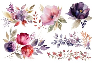 Fototapeta na wymiar Watercolor floral bouquet pink, red, purple, rose ranunculus with green blush leaves, for wedding invitations, greetings, wallpapers, fashion, prints. flowers. AI Generated 