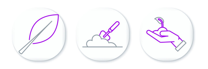 Set line Sprout in hand of environmental protection, Leaf and Garden trowel spade or shovel the ground icon. Vector