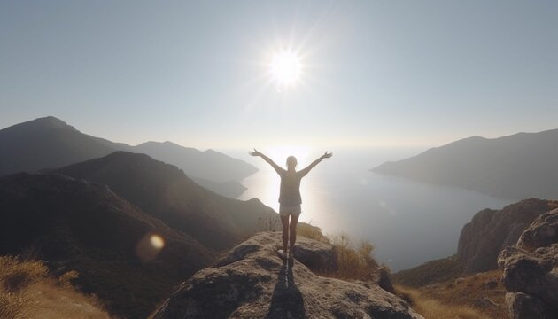 mountain by sea, a woman standing at the top of mountain, arms open toward sky, wind bowling her clothes, natural light, generative IA