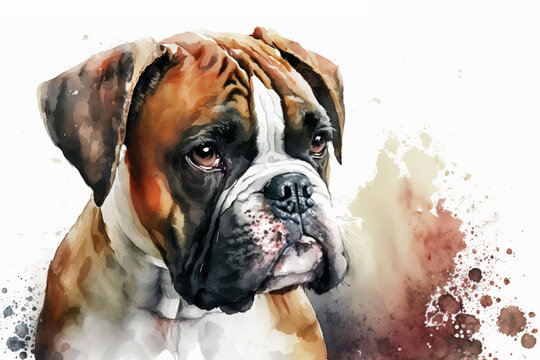 Generative AI. Portrait of a Boxer dog, watercolor, white background