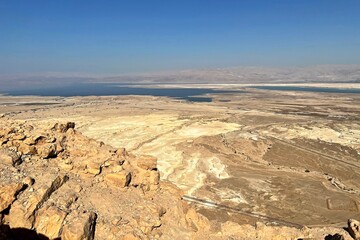 Fototapeta na wymiar View from the Masada fortress on the desert and the Dead Sea