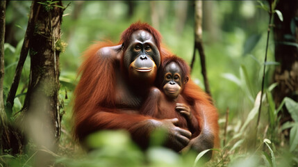 Fototapeta premium Orangutan mother and child. Illustration AI Generative.