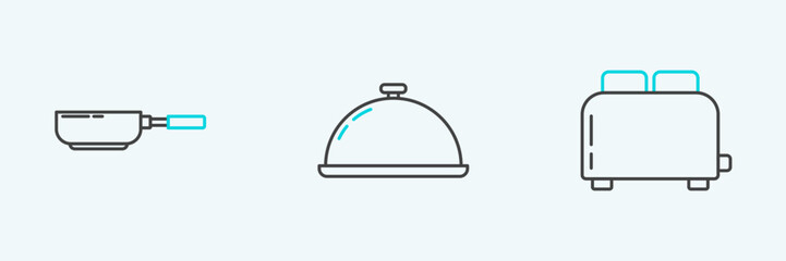 Set line Toaster with toasts, Frying pan and Covered tray of food icon. Vector