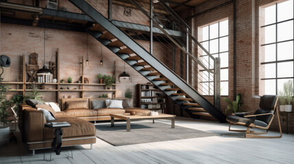 Interior design in loft style. Illustration AI Generative.