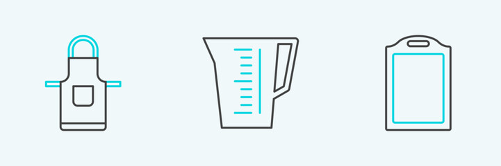 Set line Cutting board, Kitchen apron and Measuring cup icon. Vector