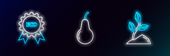 Set line Sprout, Banner, label, tag, logo for eco and Pear icon. Glowing neon. Vector