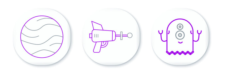 Set line Alien, Planet and Ray gun icon. Vector