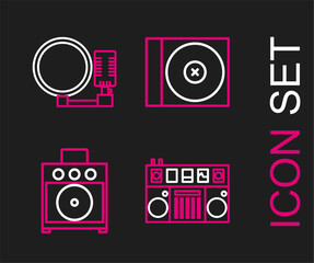 Set line DJ remote for playing and mixing music, Guitar amplifier, CD DVD disk and Microphone icon. Vector