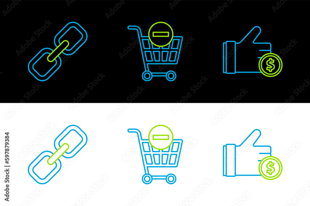 Sticker Set line Hand holding coin, Chain link and Remove shopping cart icon. Vector