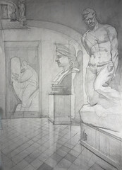 Interior with plaster statues. Interior of the Academy of Fine Arts. Black and white drawing. Handmade. 