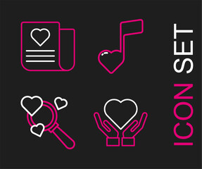 Set line Heart on hand, Search heart love, Music note, tone with hearts and Envelope Valentine icon. Vector