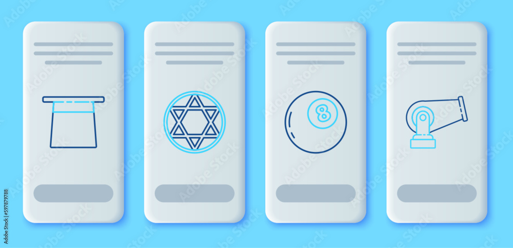 Sticker set line star of david, magic ball predictions, magician hat and cannon icon. vector