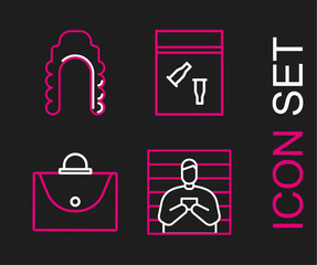 Set line Suspect criminal, Briefcase, Evidence bag and bullet and Judge wig icon. Vector