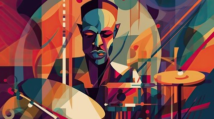 Jazz Drummer in a Cubist Painting: A Musical Performance Art, Generative AI - obrazy, fototapety, plakaty