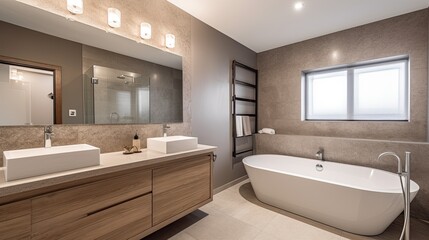Fototapeta na wymiar Luxury Home Bathroom Design: Bathe in Style in This Room with a Bathtub, Shower, Sink, and Mirror: Generative AI