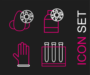 Set line Blood test and virus, Medical rubber gloves, Bottle with and Runny nose icon. Vector