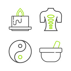 Set line Mortar and pestle, Yin Yang, Massage stone therapy and Aroma candle icon. Vector